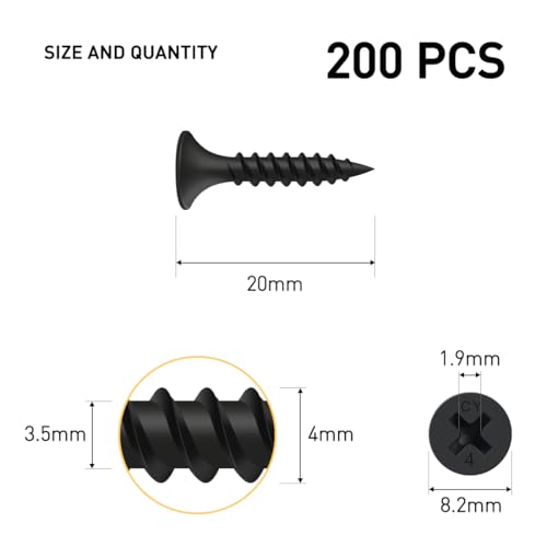 Vis Placo à Fixation Rapide M|5 x 20 mm, 200 Pièces, Vis Phosphatées Noires Tête en Trompette Pour Cloisons Sèches, Meil